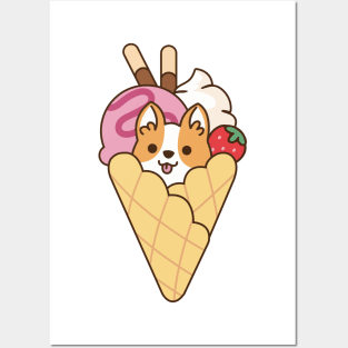 Cute Corgi in the Waffle with Strawberry Ice Cream & Chocolate Stick Posters and Art